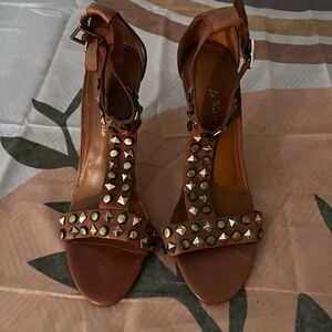 Pour La Victoire Brown Gold Accent Studded High Heels